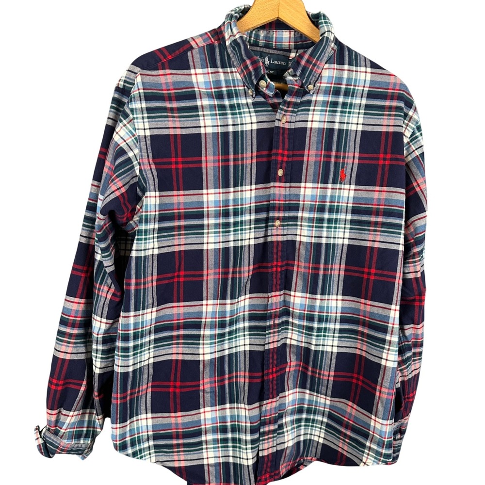 Ralph Lauren Mens XL Classic Fit Plaid Button Down Shirt Navy Red Long Sleeve - Picture 1 of 8
